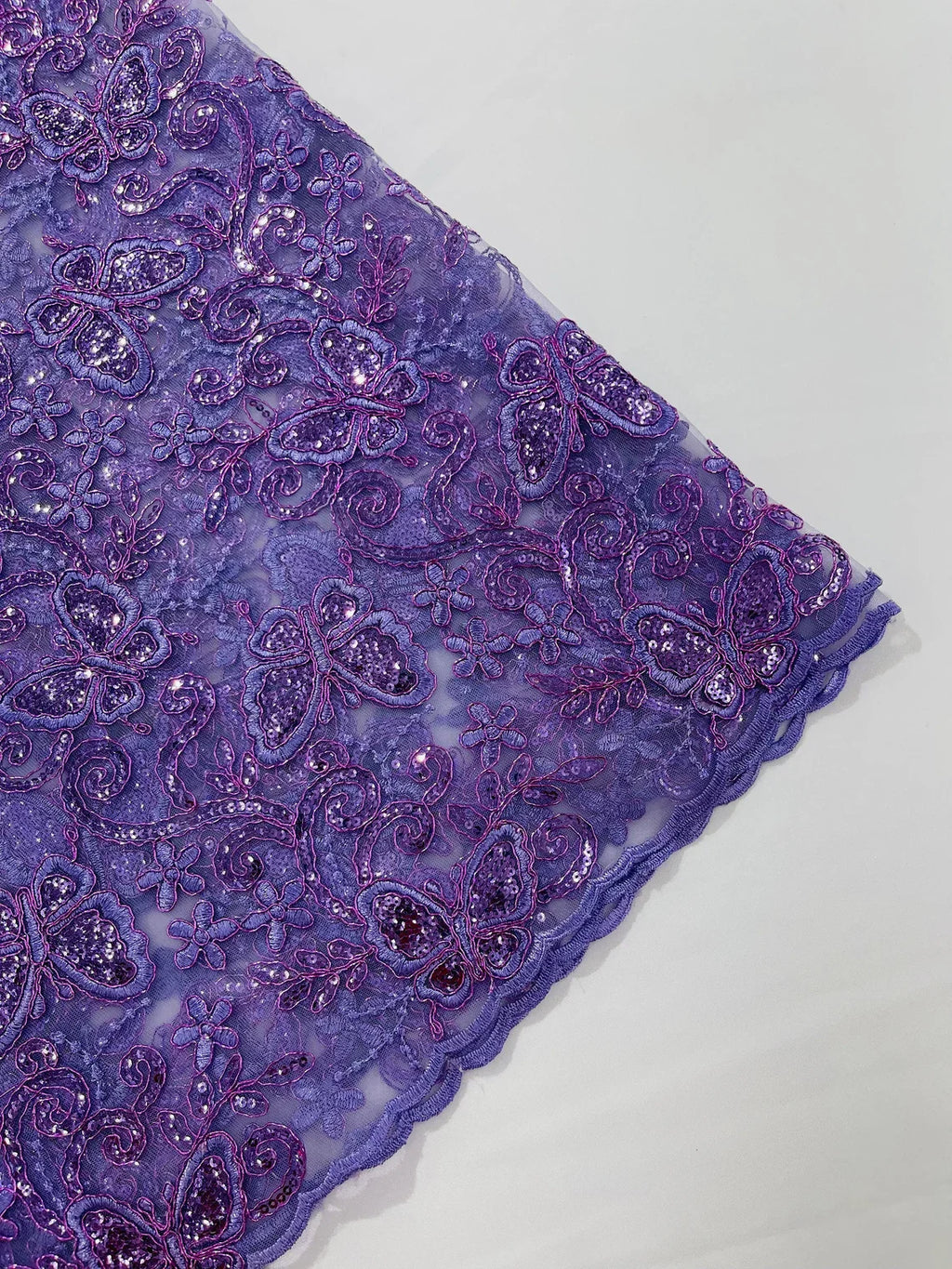 Butterfly Swirl Lace Fabric - Lilac - Metallic Sequins Design on Lace Fabric By Yard