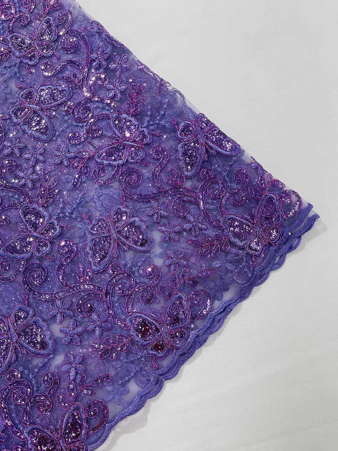 Butterfly Swirl Lace Fabric - Lilac - Metallic Sequins Design on Lace Fabric By Yard