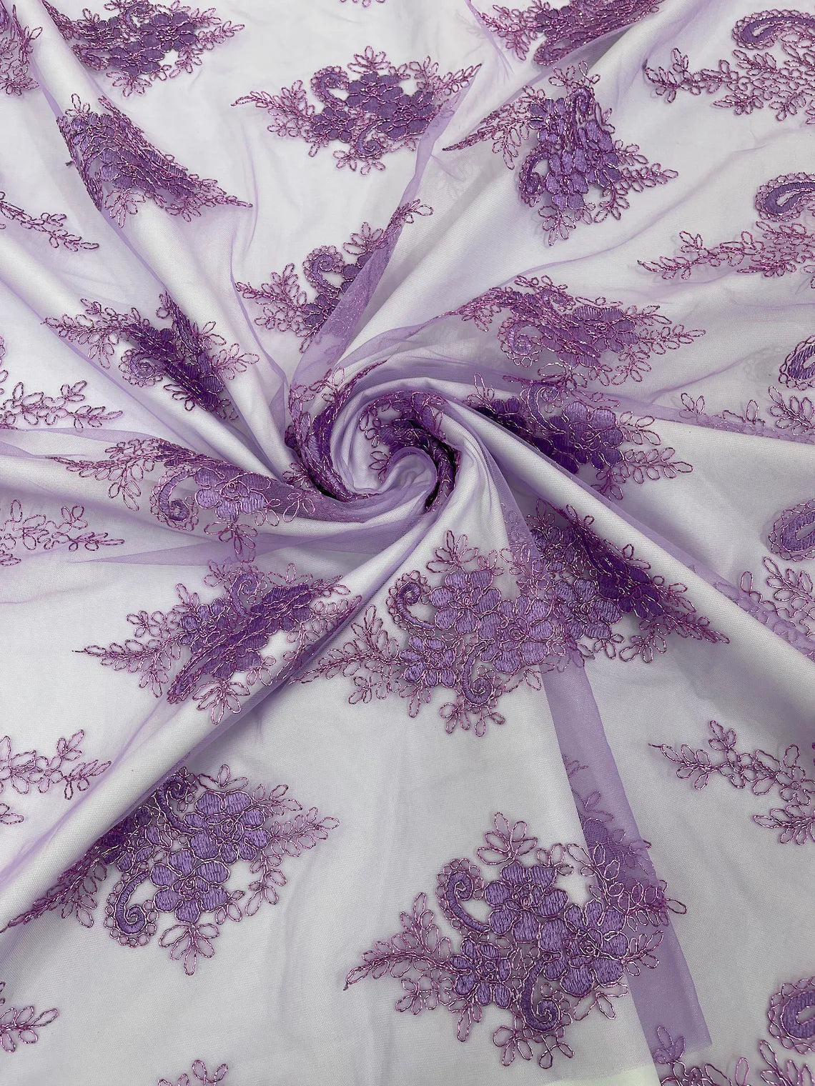 Metallic Corded Lace - Lilac - Paisley Floral Fabric with Metallic Thread on a Mesh Lace By Yard