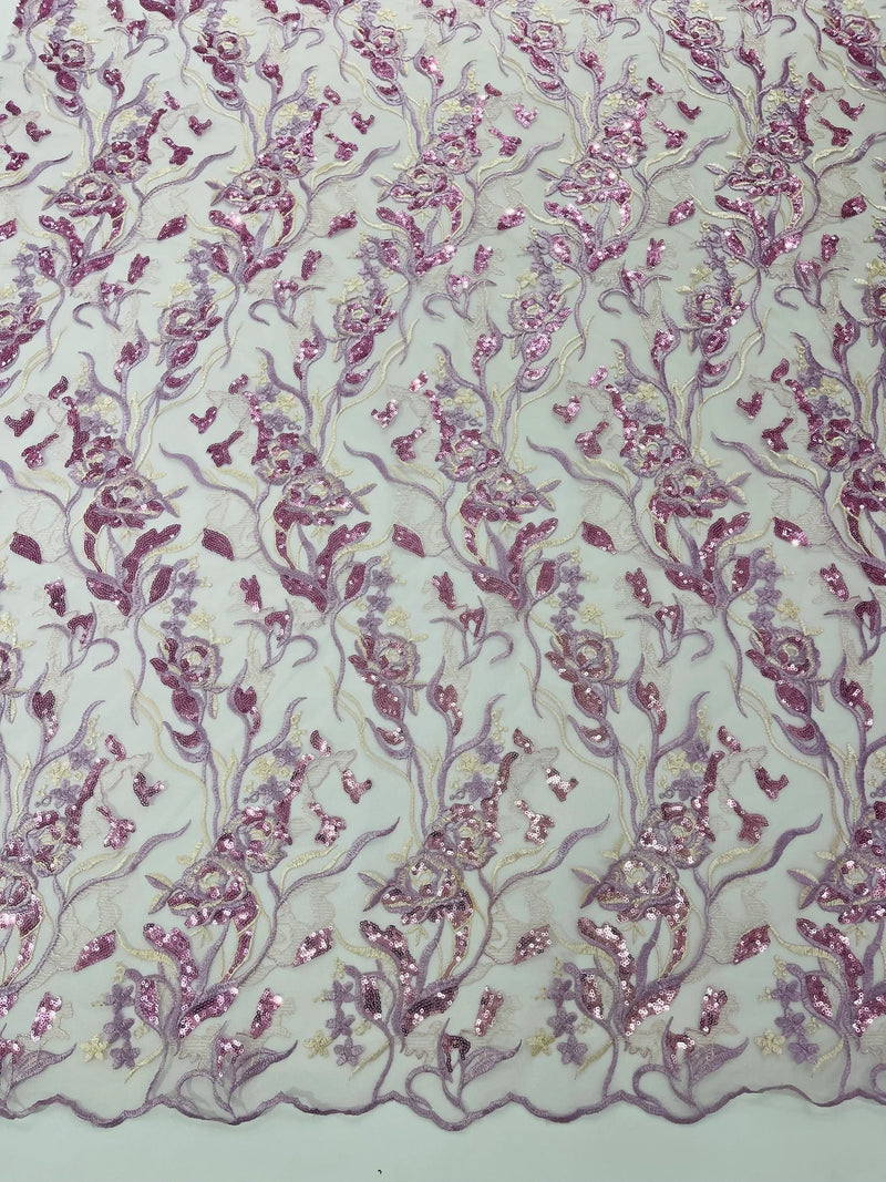 Floral Multi-Color Fabric - Lilac - Flower and Leaves Lace Sequins Fabric Sold By Yard