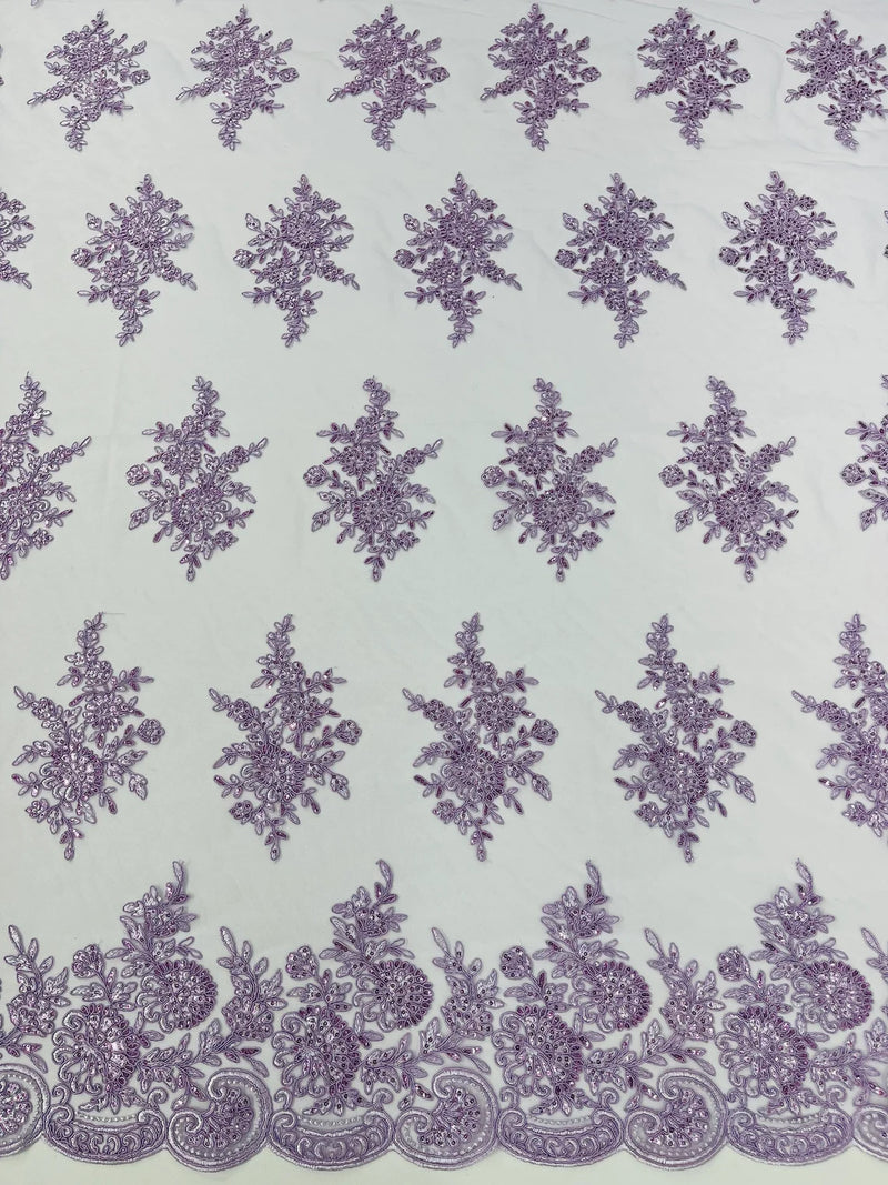 Floral Lace Flower Fabric - Lilac - Floral Embroidered Fabric with Sequins on Lace By Yard