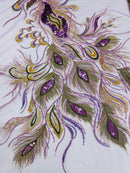 Peacock Feathers Lace Fabric - Lilac - Peacock Feather Design on Lace Mesh Fabric Sold by Panel