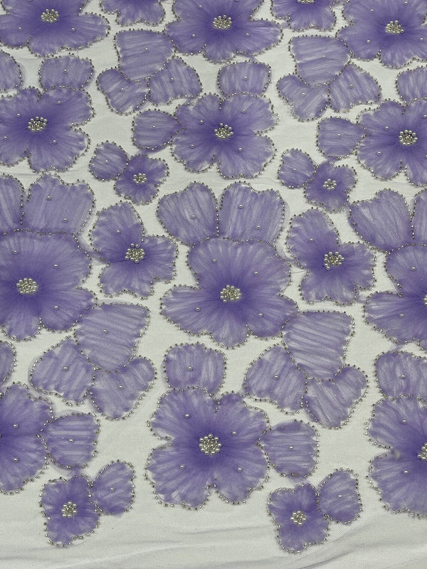 3D Tulle Floral Fabric - Lilac - Flowers Made on Mesh with Small Pearls and Beads Sold By Yard