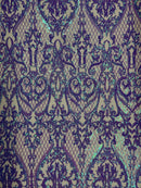 Heart Damask Sequins - Lilac - 4 Way Stretch Sequins Fabric By Yard