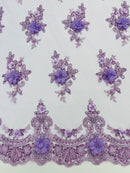 3D Floral Pearl Design - Lilac - Floral Embroidered Pearls and Sequins Fabric By Yard
