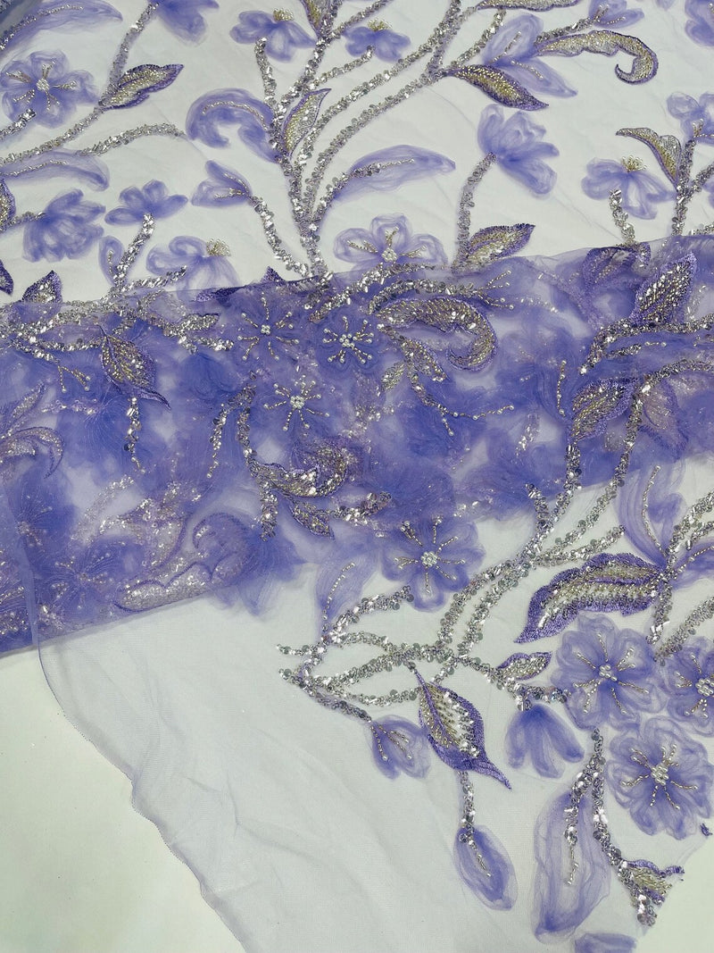 3D Tulle Flower Bead Fabric - Lilac - Mesh Flower Plant Design with Beads By Yard