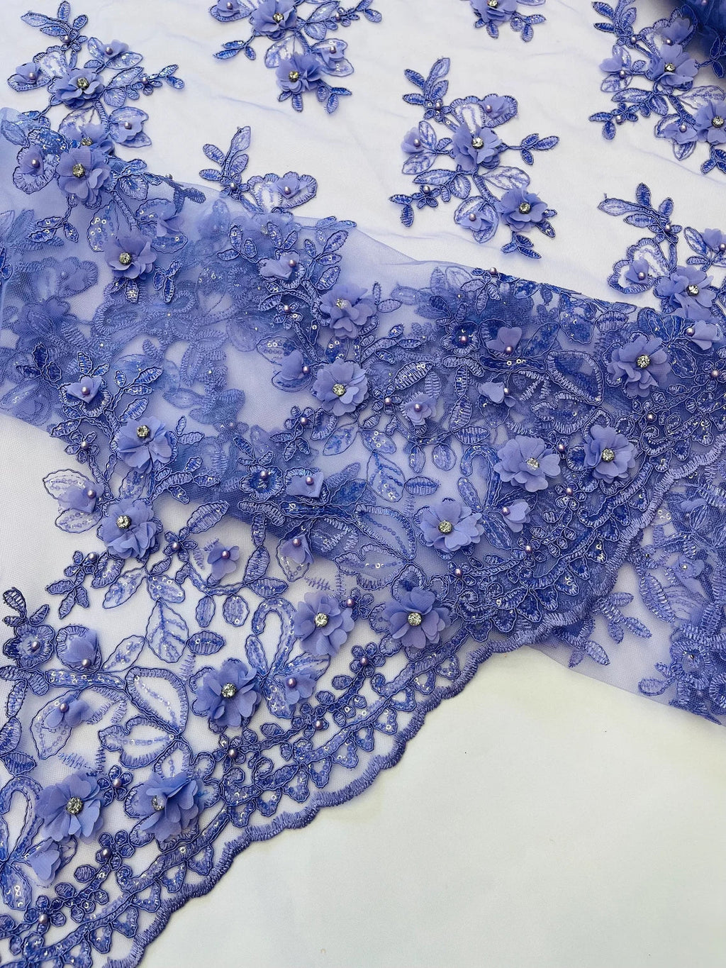 3D Embroidered Floral Fabric - Lilac - 3D Rhinestone and Sequins Floral Fabric Sold By Yard