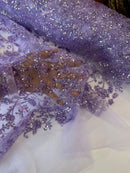 Beaded Floral Plant Design - Lilac - Embroidered Beaded Flower Plants Sequins Fabric By Yard