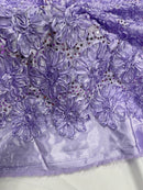 Satin Rosette Sequins Fabric - Lilac - 3D Rosette Satin Rose Fabric with Sequins By Yard