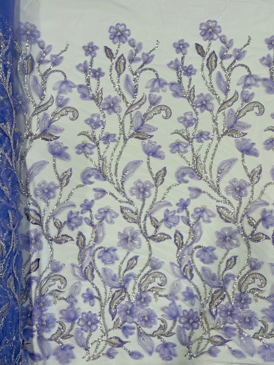 3D Tulle Flower Bead Fabric - Lilac - Mesh Flower Plant Design with Beads By Yard