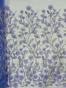 3D Tulle Flower Bead Fabric - Lilac - Mesh Flower Plant Design with Beads By Yard