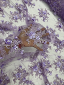 3D Flower Sequins Design - Lilac - Embroidered Pearl Sequins Floral Clusters Lace Fabric By Yard