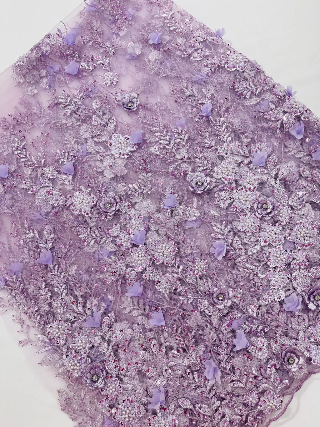 3D Flower Rhinestone Design - Lilac - Embroidered Flower Sequins Lace Fabric By Yard