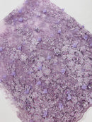 3D Flower Rhinestone Design - Lilac - Embroidered Flower Sequins Lace Fabric By Yard