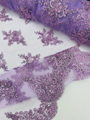 Beaded Floral Fabric - Lilac - Floral Cluster Design Fabric with Damask Border by Yard