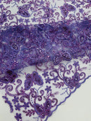 Butterfly Swirl Lace Fabric - Lilac - Metallic Sequins Design on Lace Fabric By Yard