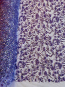 Beaded Floral Plant Design - Lilac - Embroidered Beaded Flower Plants Sequins Fabric By Yard