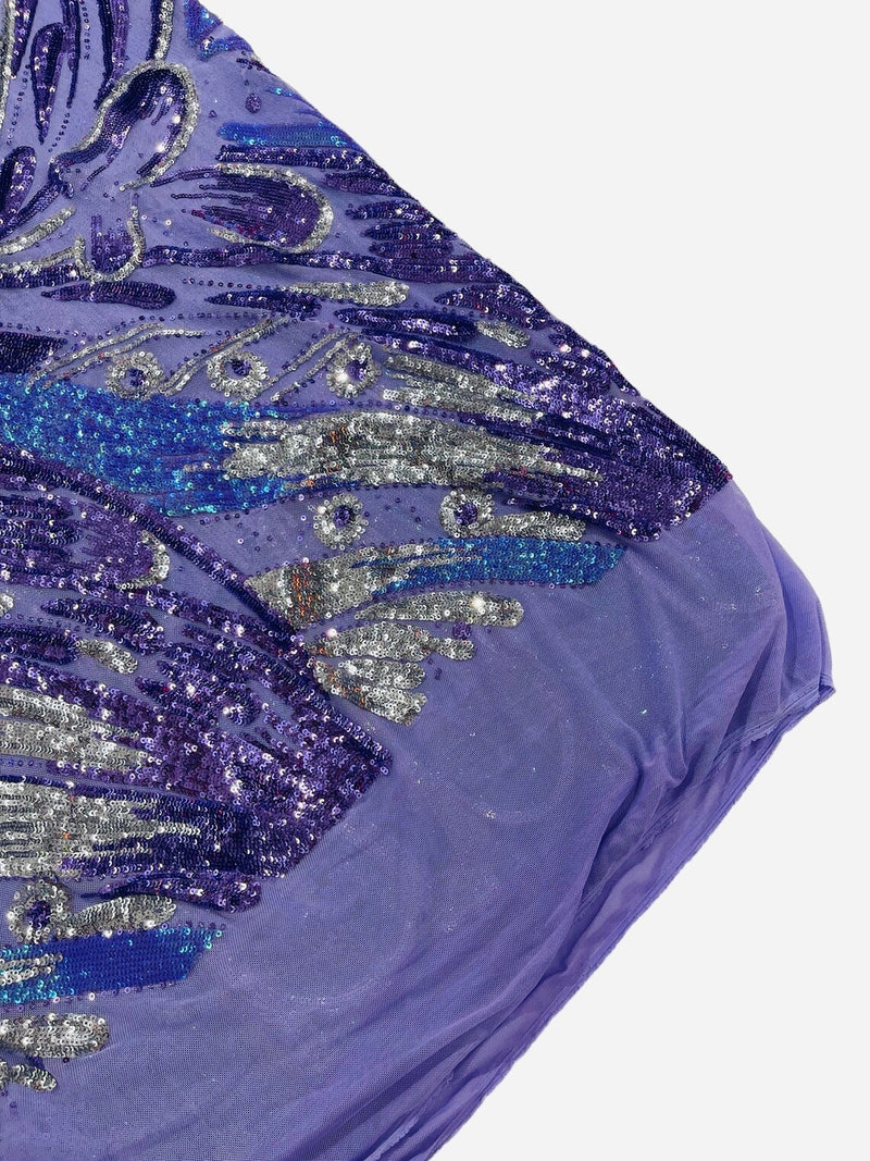 Multi-Color Sequins Design - Lilac/ Aqua Iridescent - 4 Way Stretch Sequins Fabric By The Yard