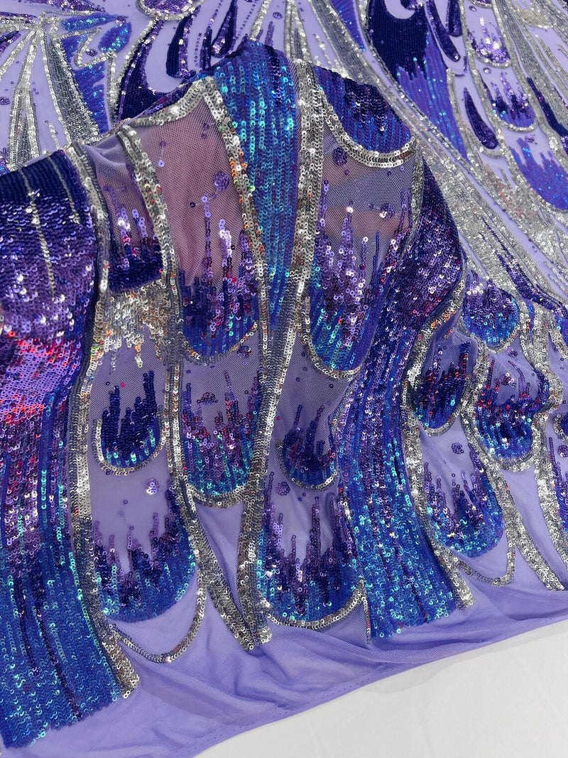 Multi-Color Sequins Design - Lilac/ Aqua Iridescent - 4 Way Stretch Sequins Fabric By The Yard