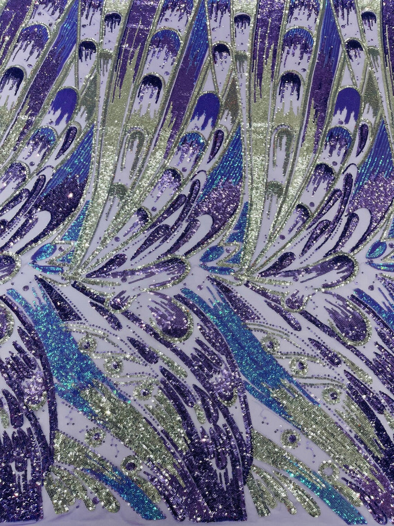 Multi-Color Sequins Design - Lilac/ Aqua Iridescent - 4 Way Stretch Sequins Fabric By The Yard