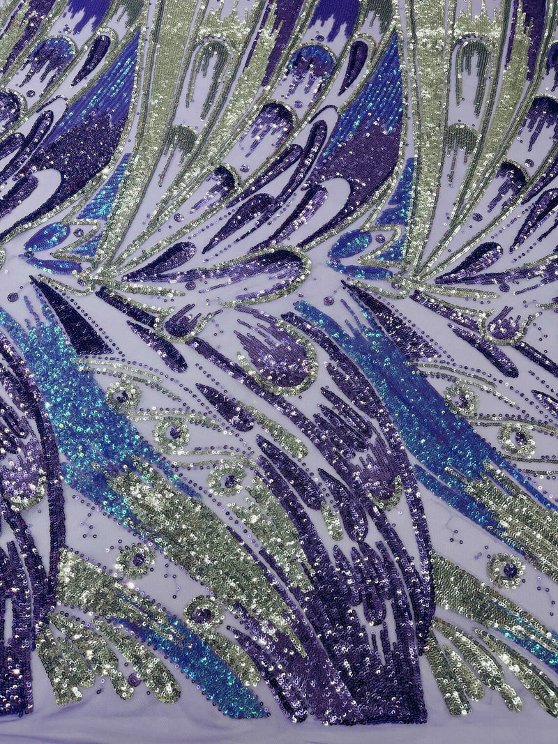 Multi-Color Sequins Design - Lilac/ Aqua Iridescent - 4 Way Stretch Sequins Fabric By The Yard