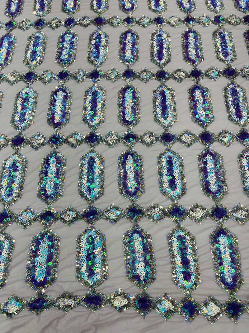 Fancy Gem Jewel Fabric - Lilac Iridescent - Geometric Stretch Sequins Design on Mesh By Yard
