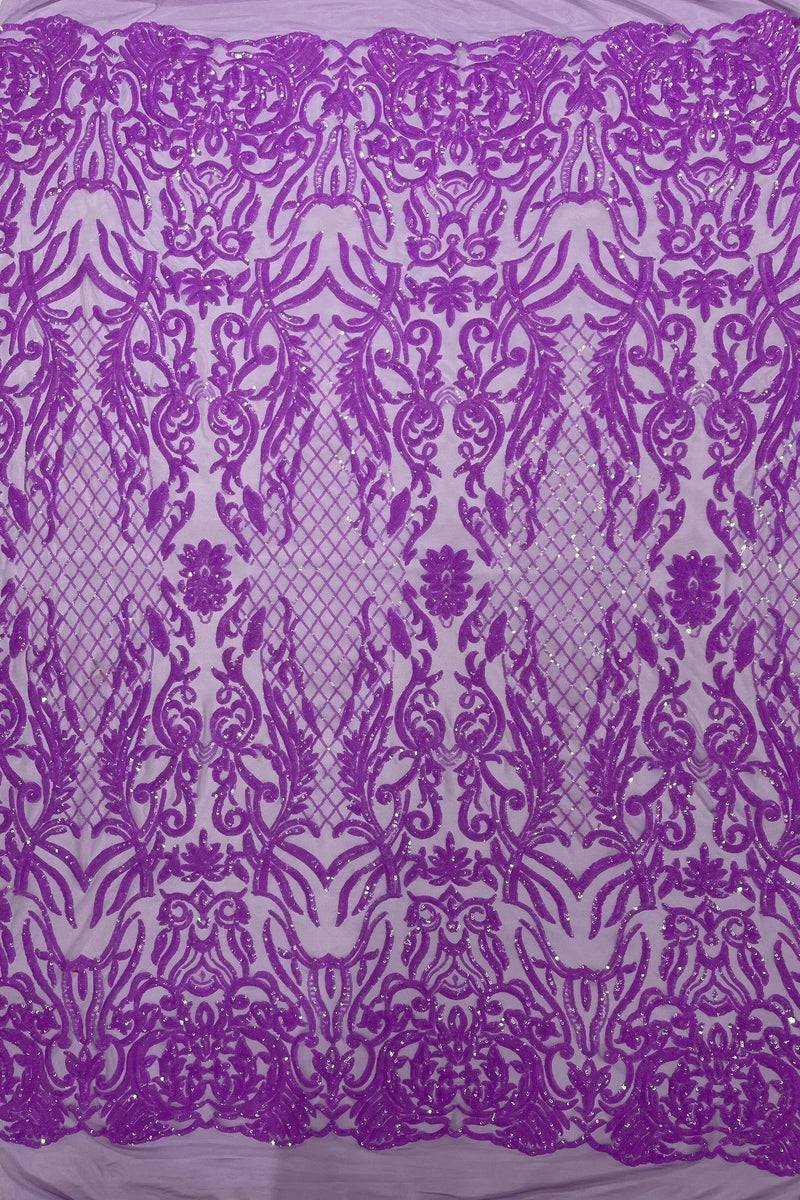 4 Way Stretch Fabric - Lilac Iridescent - Sequins Design on Spandex Mesh Fashion Fabric