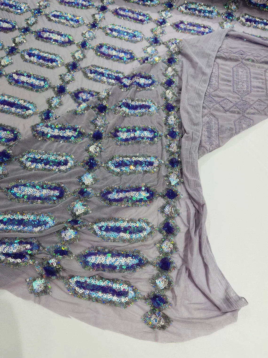 Fancy Gem Jewel Fabric - Lilac Iridescent - Geometric Stretch Sequins Design on Mesh By Yard