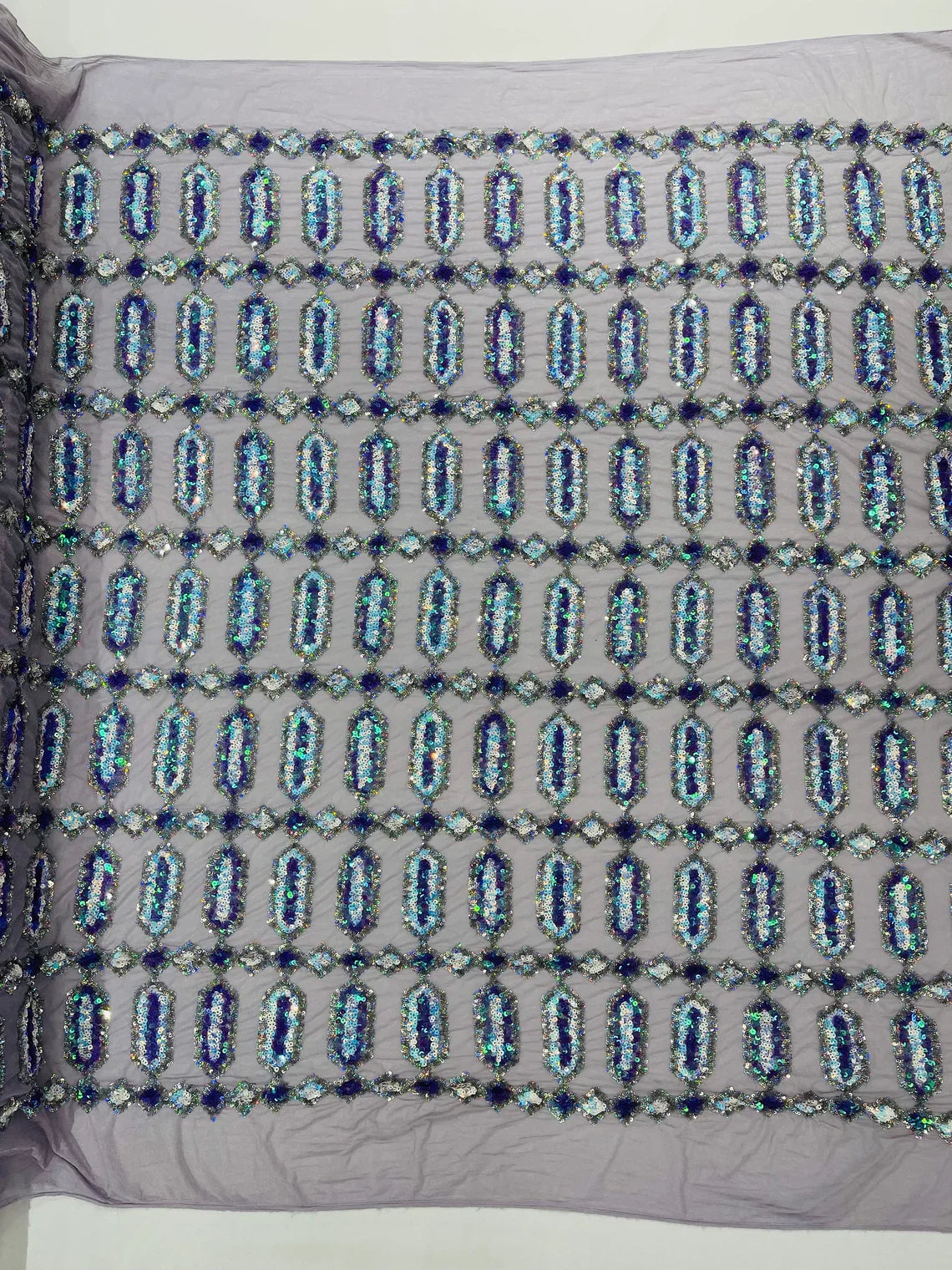 Fancy Gem Jewel Fabric - Lilac Iridescent - Geometric Stretch Sequins Design on Mesh By Yard