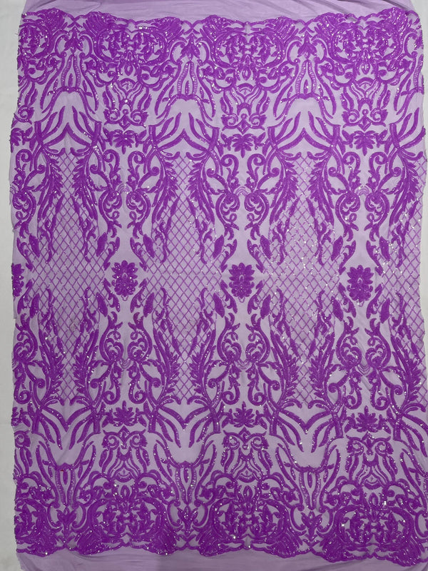 4 Way Stretch Fabric - Lilac Iridescent - Sequins Design on Spandex Mesh Fashion Fabric