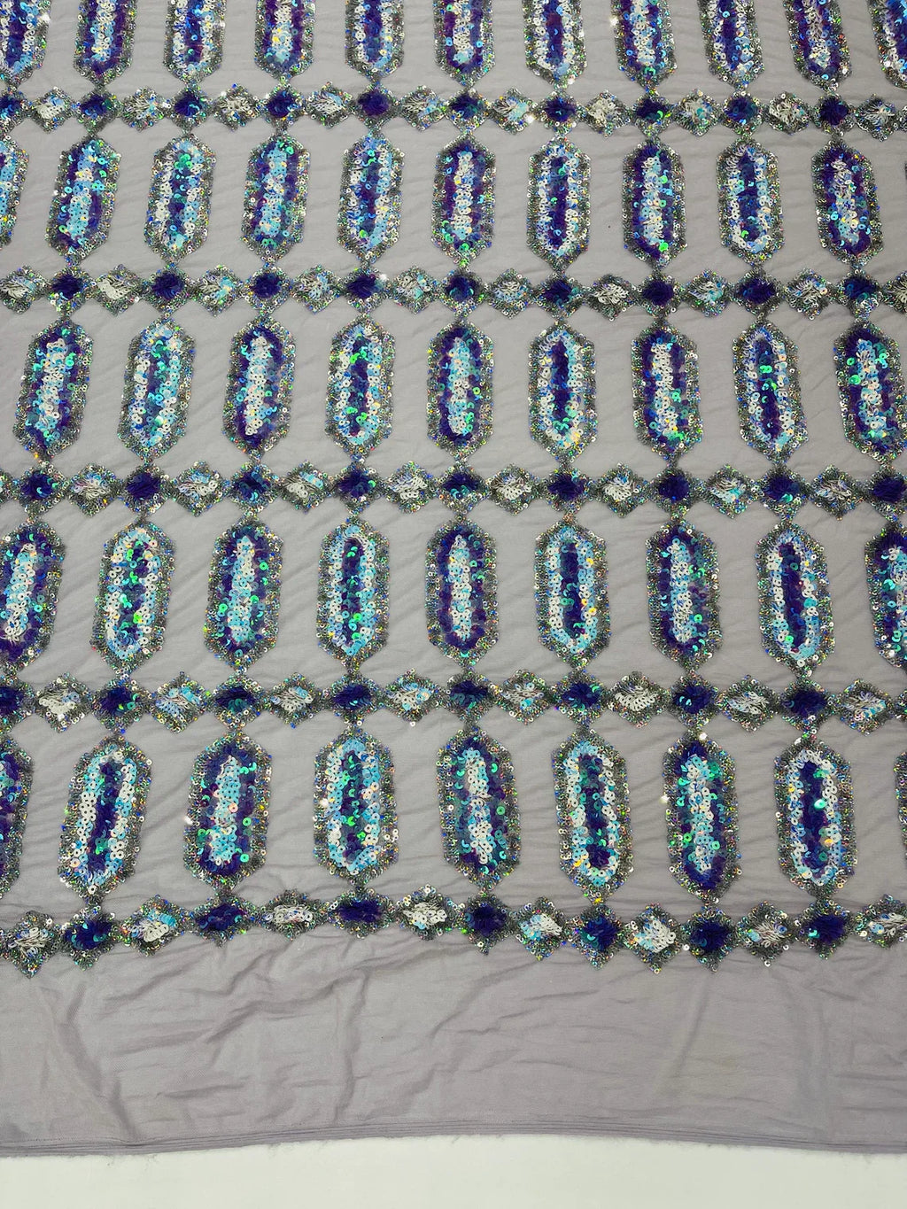 Fancy Gem Jewel Fabric - Lilac Iridescent - Geometric Stretch Sequins Design on Mesh By Yard