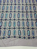 Fancy Gem Jewel Fabric - Lilac Iridescent - Geometric Stretch Sequins Design on Mesh By Yard