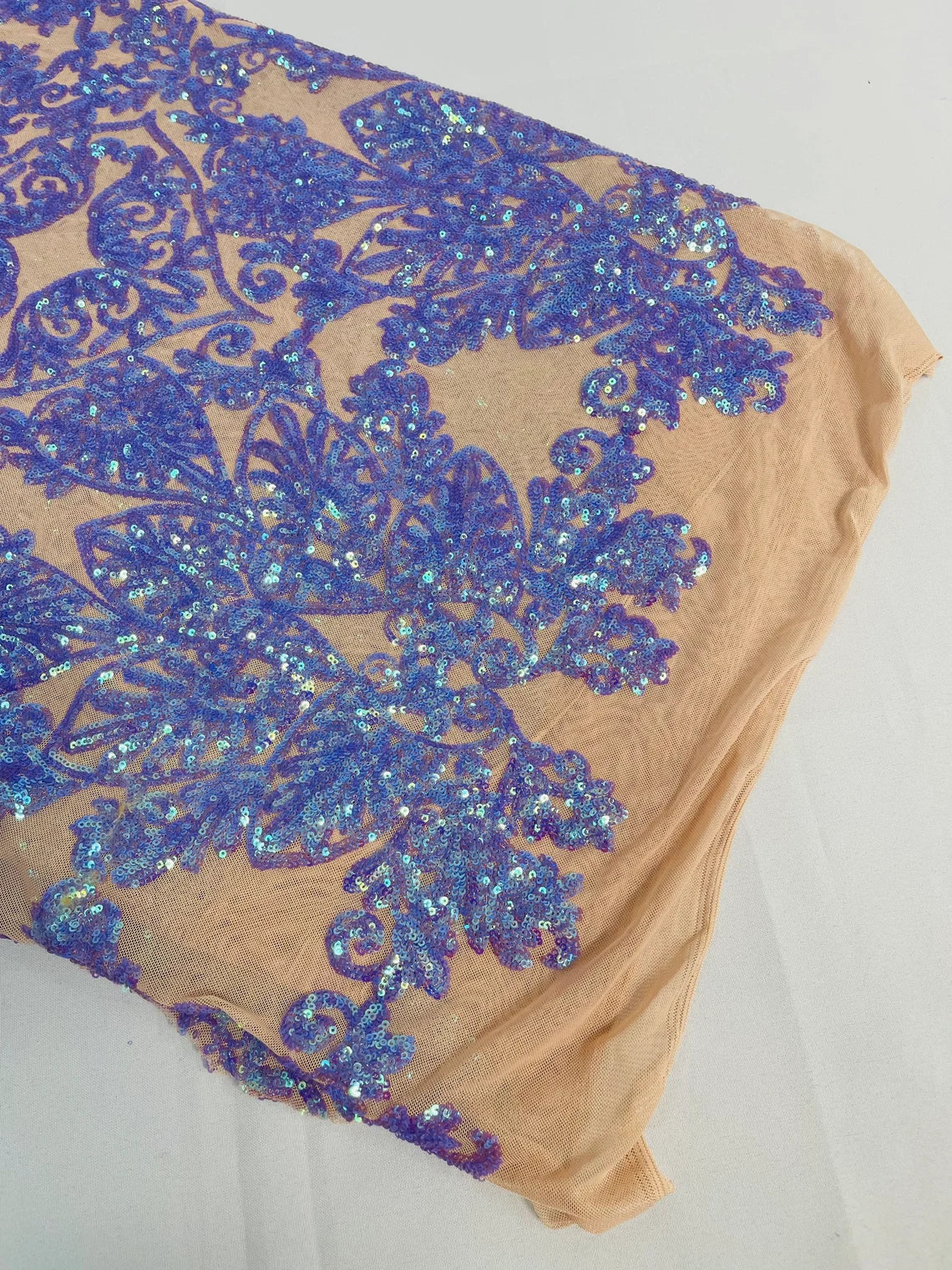 Damask Heart Design - Iridescent Lilac - Damask with Heart Design Sequins on Mesh By Yard