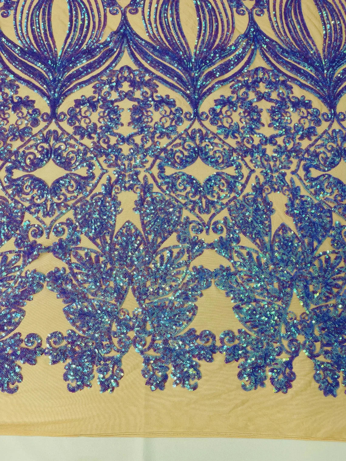 Damask Heart Design - Iridescent Lilac - Damask with Heart Design Sequins on Mesh By Yard