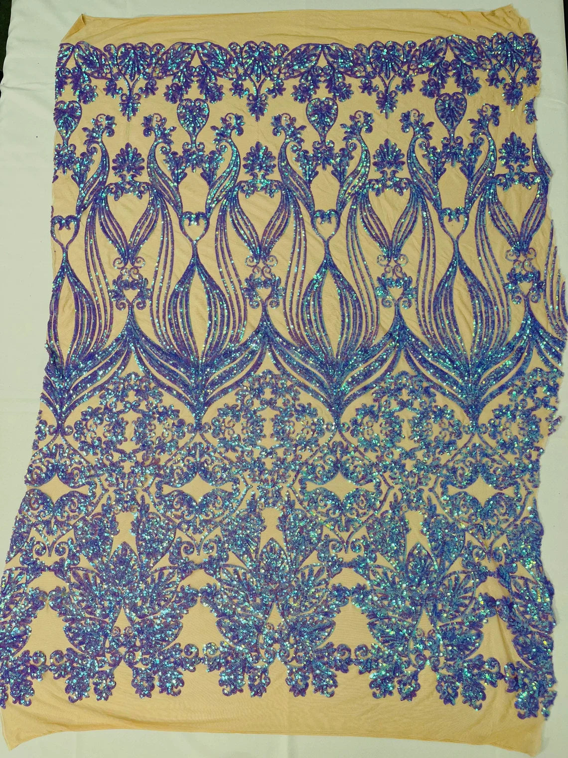 Damask Heart Design - Iridescent Lilac - Damask with Heart Design Sequins on Mesh By Yard