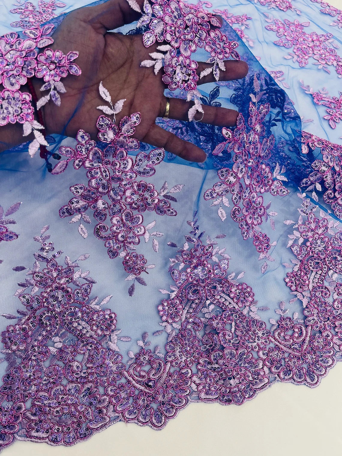 Floral Lace Fabric - Lilac on Royal Blue - Metallic Floral Design on Lace Mesh Fabric By Yard