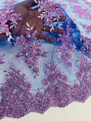 Floral Lace Fabric - Lilac on Royal Blue - Metallic Floral Design on Lace Mesh Fabric By Yard