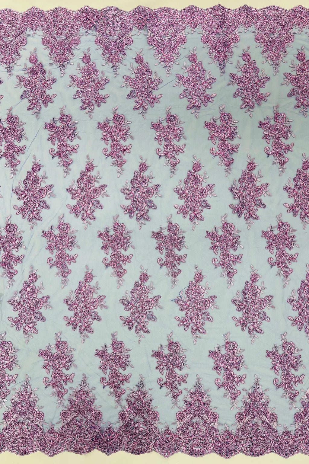 Floral Lace Fabric - Lilac on Royal Blue - Metallic Floral Design on Lace Mesh Fabric By Yard
