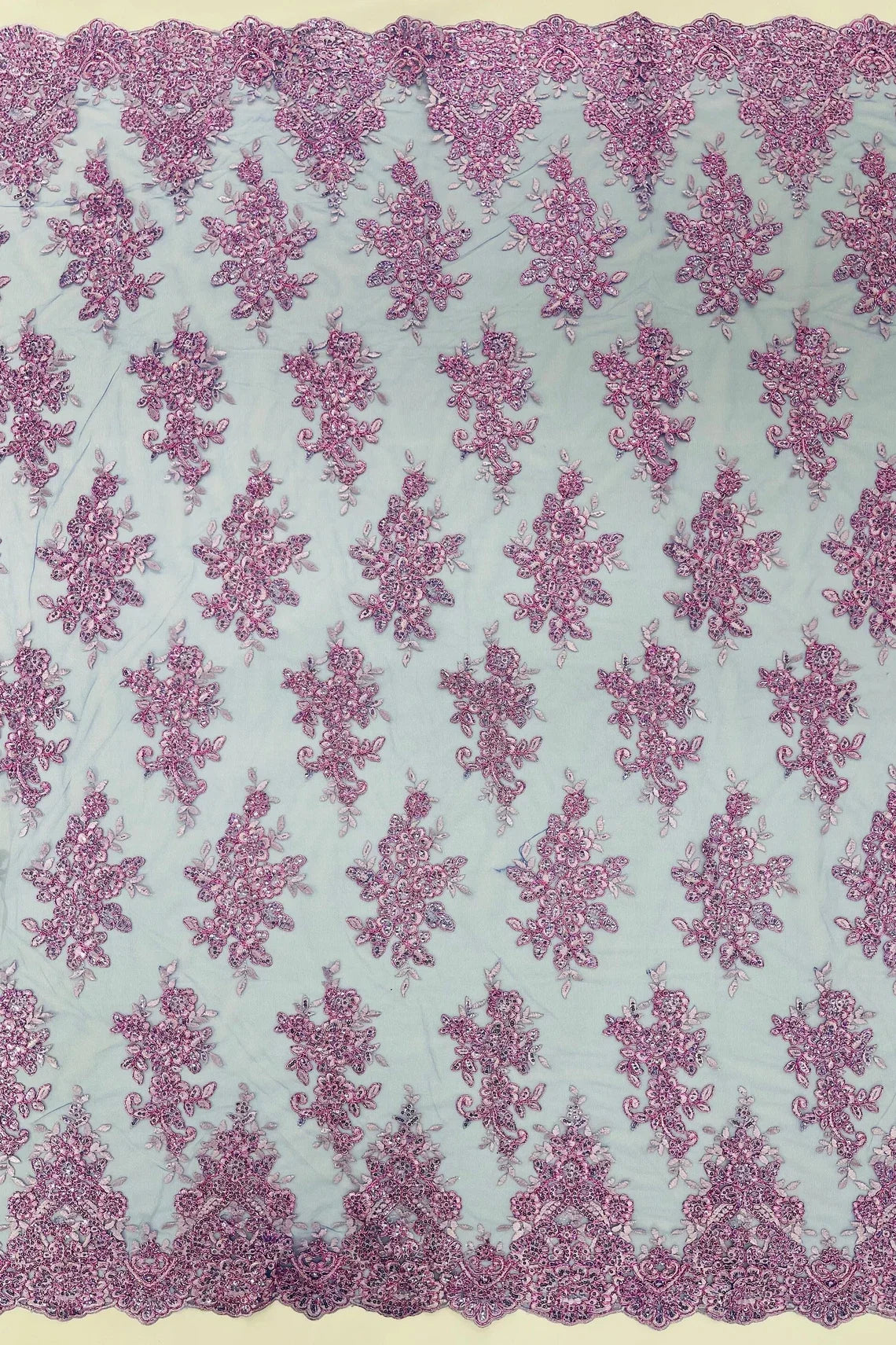Floral Lace Fabric - Lilac on Royal Blue - Metallic Floral Design on Lace Mesh Fabric By Yard