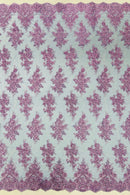 Floral Lace Fabric - Lilac on Royal Blue - Metallic Floral Design on Lace Mesh Fabric By Yard