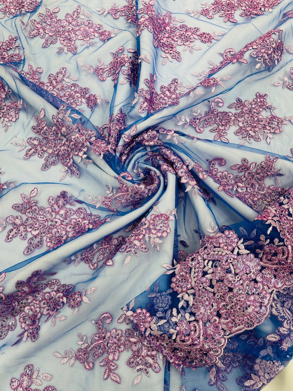 Floral Lace Fabric - Lilac on Royal Blue - Metallic Floral Design on Lace Mesh Fabric By Yard