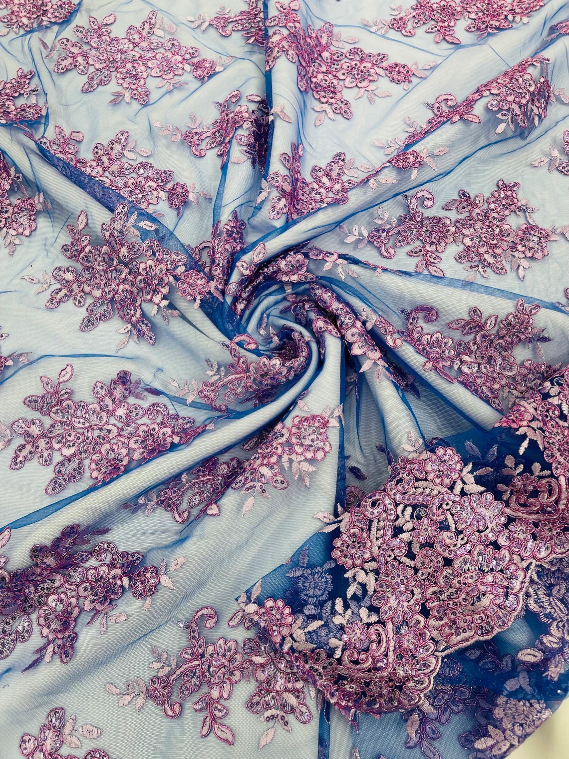 Floral Lace Fabric - Lilac on Royal Blue - Metallic Floral Design on Lace Mesh Fabric By Yard