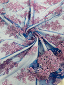 Floral Lace Fabric - Lilac on Royal Blue - Metallic Floral Design on Lace Mesh Fabric By Yard