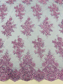 Floral Lace Fabric - Lilac on Royal Blue - Metallic Floral Design on Lace Mesh Fabric By Yard
