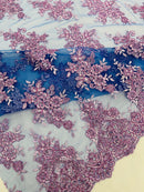 Floral Lace Fabric - Lilac on Royal Blue - Metallic Floral Design on Lace Mesh Fabric By Yard