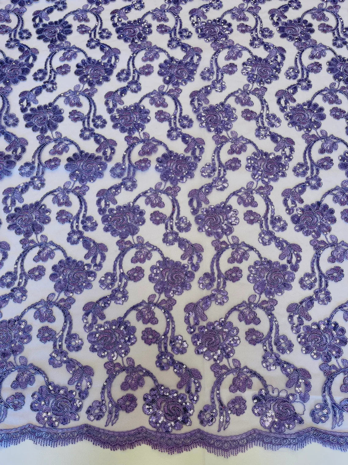 Embroidered Flower Lace - Lilac - Corded Floral Lace With Sequins Sold By Yard