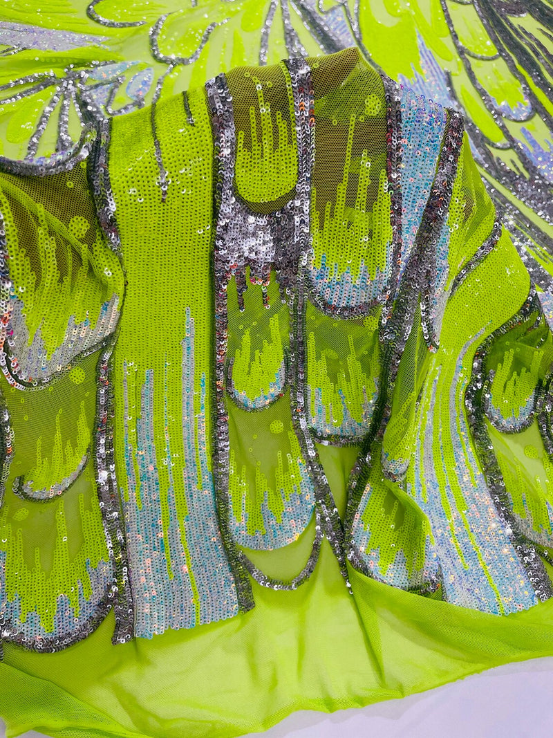Multi-Color Sequins Design - Lime / Aqua / Silver - 4 Way Stretch Sequins Fabric By The Yard