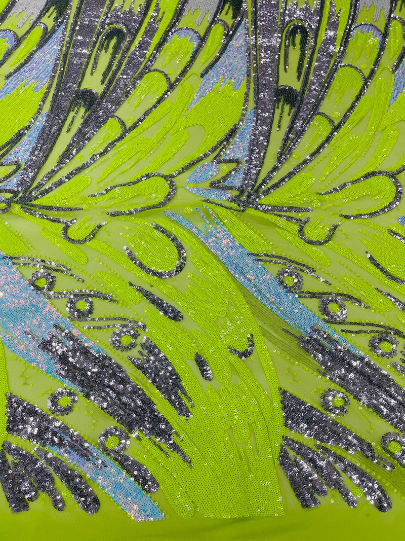 Multi-Color Sequins Design - Lime / Aqua / Silver - 4 Way Stretch Sequins Fabric By The Yard