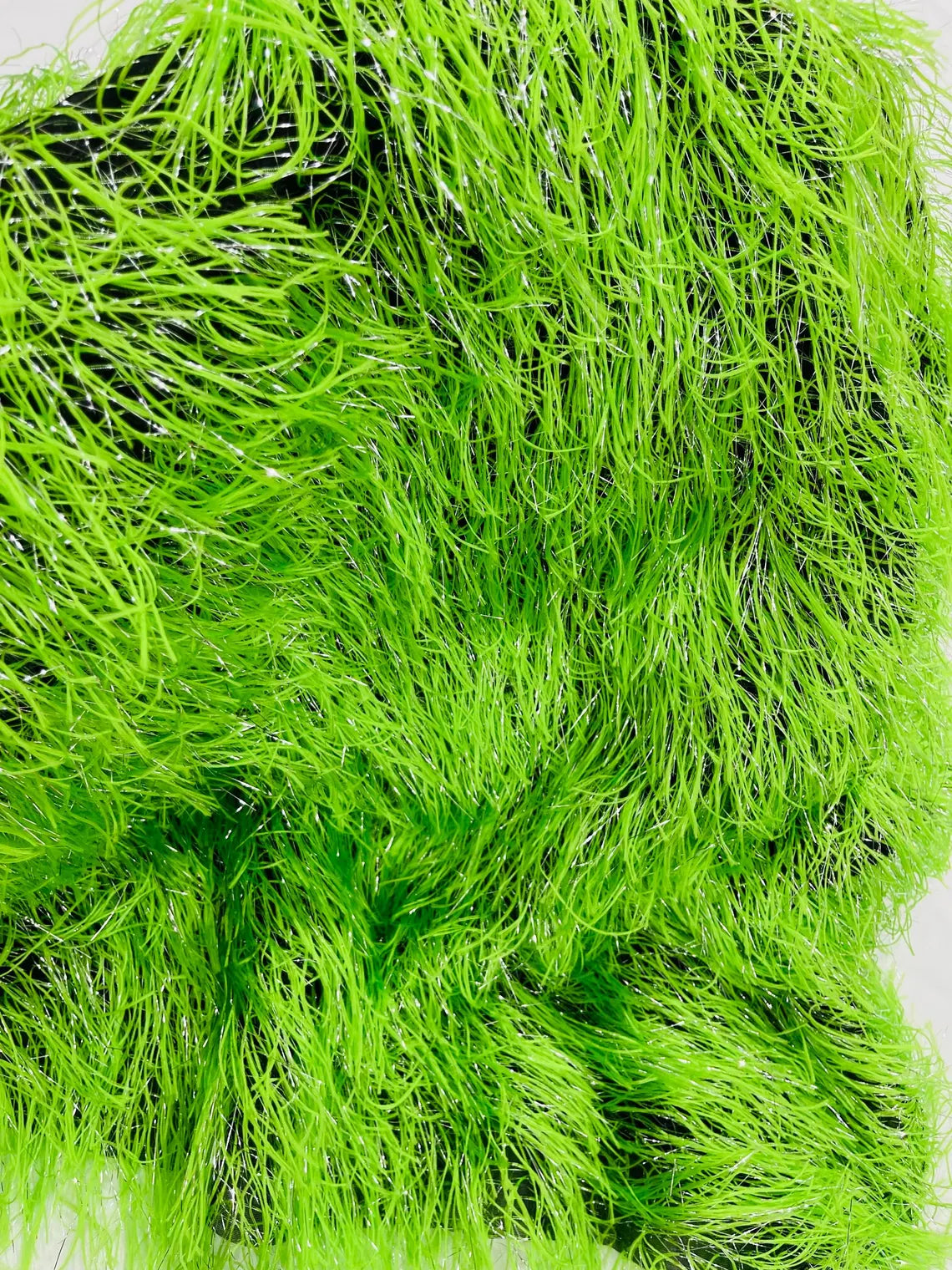 Metallic Eyelash Fabric - Lime Green / Silver - Feather/Eyelash/Fringe Design on Mesh By Yard
