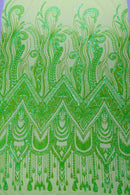 Zig Zag Design Sequins - Lime Green - 4 Way Stretch Embroidered Zig Zag Sequins Lace Fabric By The Yard